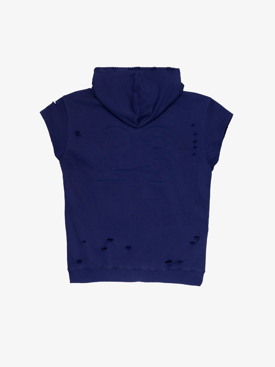 LNL DISTRESSED CUT OFF SLEEVELESS HOODIE - NAVY