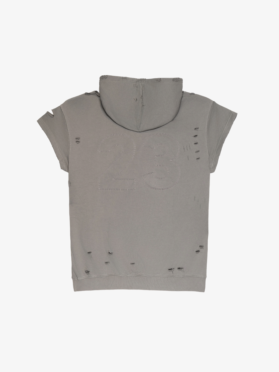 LNL DISTRESSED CUT OFF SLEEVELESS HOODIE-OLIVE GREY