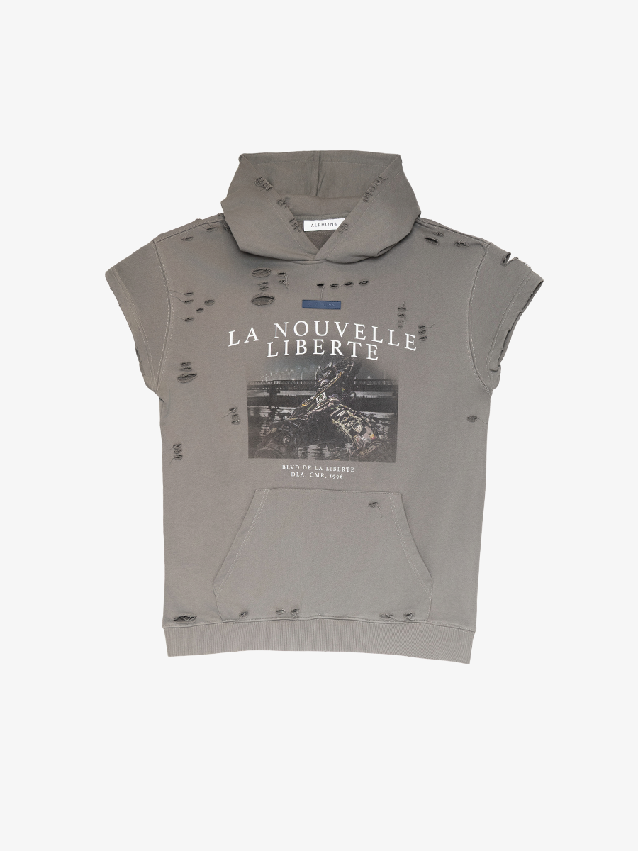 LNL DISTRESSED CUT OFF SLEEVELESS HOODIE-OLIVE GREY