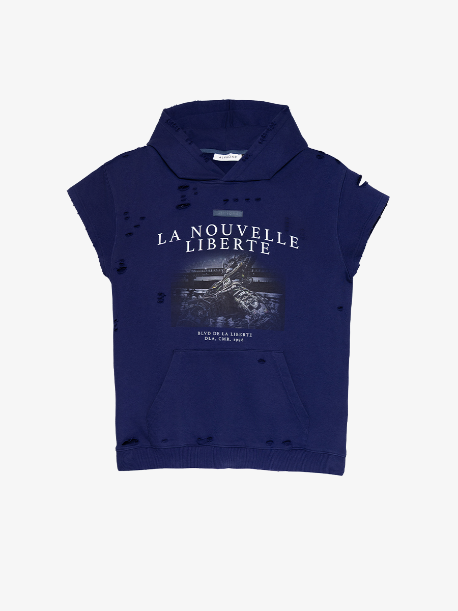 LNL DISTRESSED CUT OFF SLEEVELESS HOODIE - NAVY